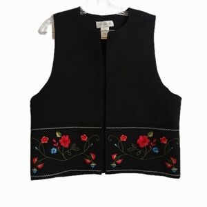 Susan Bristol Size Petite Large Black Floral Faux Suede Embroidered Vest